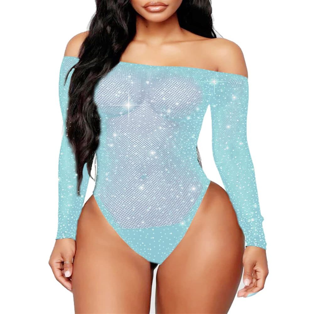 Abberrki Women Sexy Mesh Bodysuit Fishnet Sparkle Rhinestone Teddy Lingerie Halloween Rave Sheer Outfit (Light Blue)