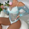 Abberrki Women Sexy Mesh Bodysuit Fishnet Sparkle Rhinestone Teddy Lingerie Halloween Rave Sheer Outfit (Light Blue) view 2