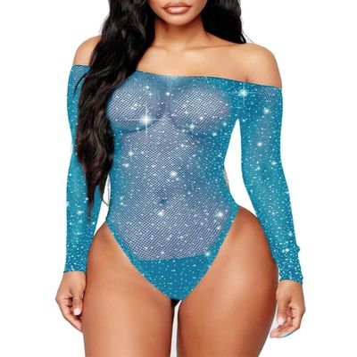 Abberrki Women Sexy Mesh Bodysuit Fishnet Sparkle Rhinestone Teddy Lingerie Halloween Rave Sheer Outfit (Lake Blue)