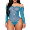 Abberrki Women Sexy Mesh Bodysuit Fishnet Sparkle Rhinestone Teddy Lingerie Halloween Rave Sheer Outfit (Lake Blue) view 1