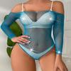 Abberrki Women Sexy Mesh Bodysuit Fishnet Sparkle Rhinestone Teddy Lingerie Halloween Rave Sheer Outfit (Lake Blue) view 3