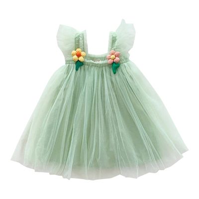 Toddler Girls Fly Sleeve Solid Color Tulle Dress Dance Party Princess Dresses Clothes Girls (Mint Green, 5-6 Years)