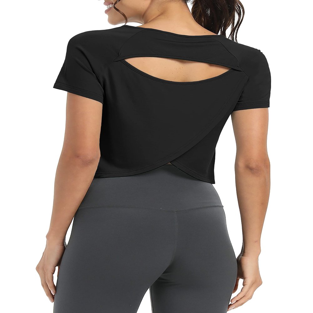 Bestisun Cropped Tops for Women Short Sleeve Split Back Athleisure Pilate Shirts Workout Athletic Clothes Black XL