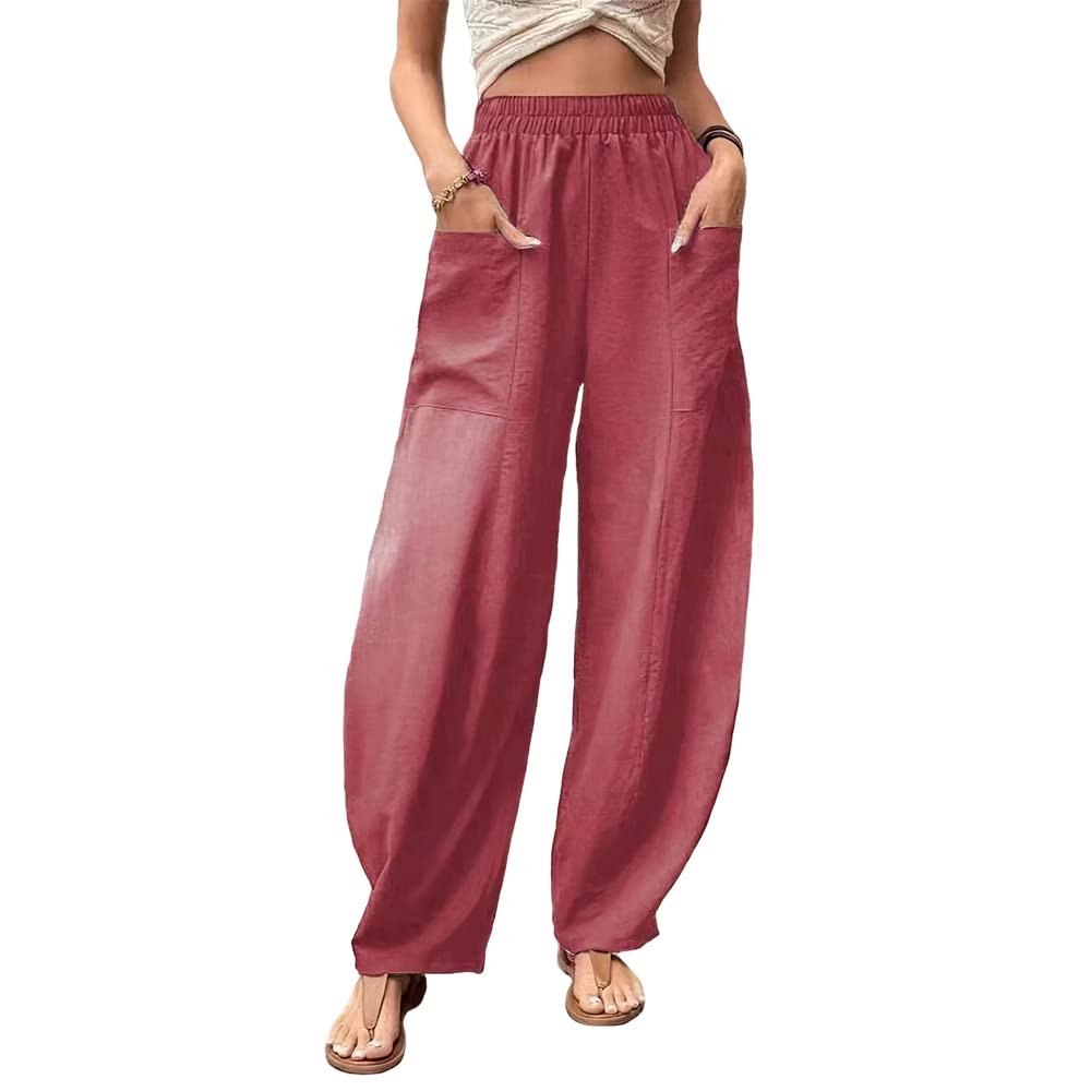 Akivide Women's Casual Linen Elastic Waist Pants High Waist Loose Comfy Trousers Wide Leg Pants for Women with 2 Pockets Pink