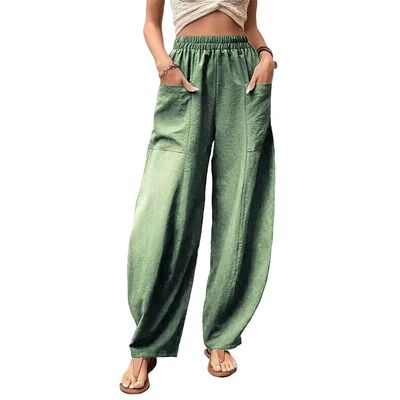 Akivide Women's Casual Linen Elastic Waist Pants High Waist Loose Comfy Trousers Wide Leg Pants for Women with 2 Pockets Light Green