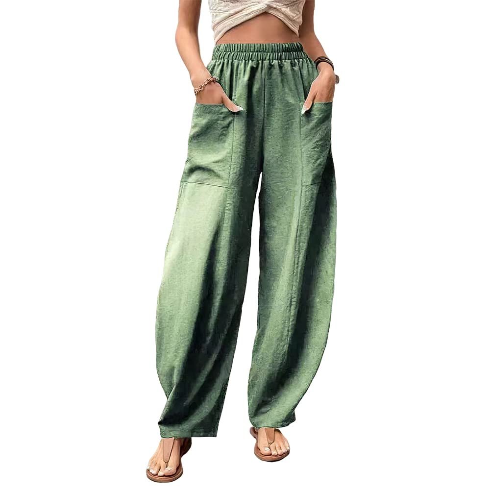 Akivide Women's Casual Linen Elastic Waist Pants High Waist Loose Comfy Trousers Wide Leg Pants for Women with 2 Pockets Light Green