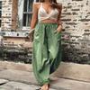 Akivide Women's Casual Linen Elastic Waist Pants High Waist Loose Comfy Trousers Wide Leg Pants for Women with 2 Pockets Light Green view 3