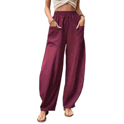 Akivide Women's Casual Linen Elastic Waist Pants High Waist Loose Comfy Trousers Wide Leg Pants for Women with 2 Pockets Dark Red, XX-Large