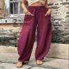 Akivide Women's Casual Linen Elastic Waist Pants High Waist Loose Comfy Trousers Wide Leg Pants for Women with 2 Pockets Dark Red, XX-Large view 2