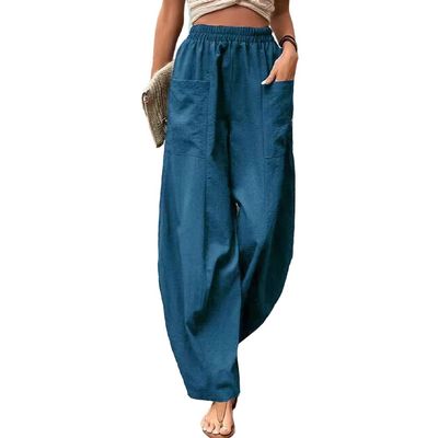 Akivide Women's Casual Linen Elastic Waist Pants High Waist Loose Comfy Trousers Wide Leg Pants for Women with 2 Pockets Blue