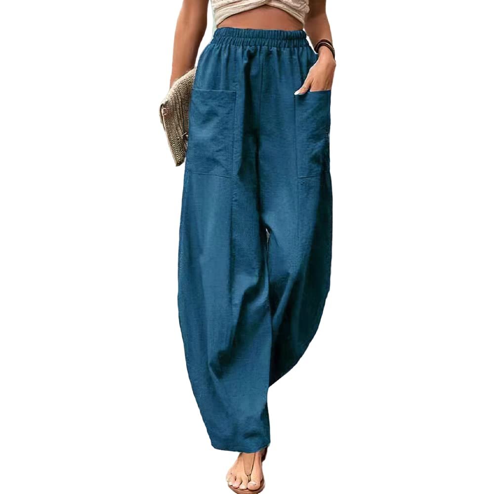 Akivide Women's Casual Linen Elastic Waist Pants High Waist Loose Comfy Trousers Wide Leg Pants for Women with 2 Pockets Blue