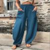 Akivide Women's Casual Linen Elastic Waist Pants High Waist Loose Comfy Trousers Wide Leg Pants for Women with 2 Pockets Blue view 2