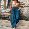 Akivide Women's Casual Linen Elastic Waist Pants High Waist Loose Comfy Trousers Wide Leg Pants for Women with 2 Pockets Blue view 3