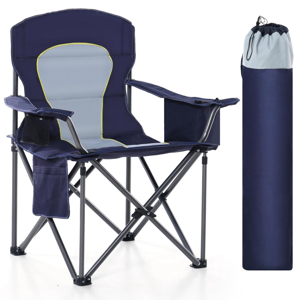 HIGH POINT SPORTS Oversized Camping Folding Chair, Heavy Duty Portable Outdoor Chair, Foldable Camp Chair with Cup Holder and Cooler Bag Support 450 LBS, Dark Blue