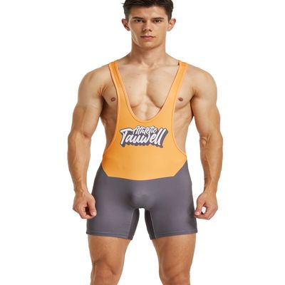 SEOBEAN TAUWELL Mens Sexy Fitness Wrestling Leotard Singlet Bodysuit 9704 (9711 Orange/Grey, Medium)