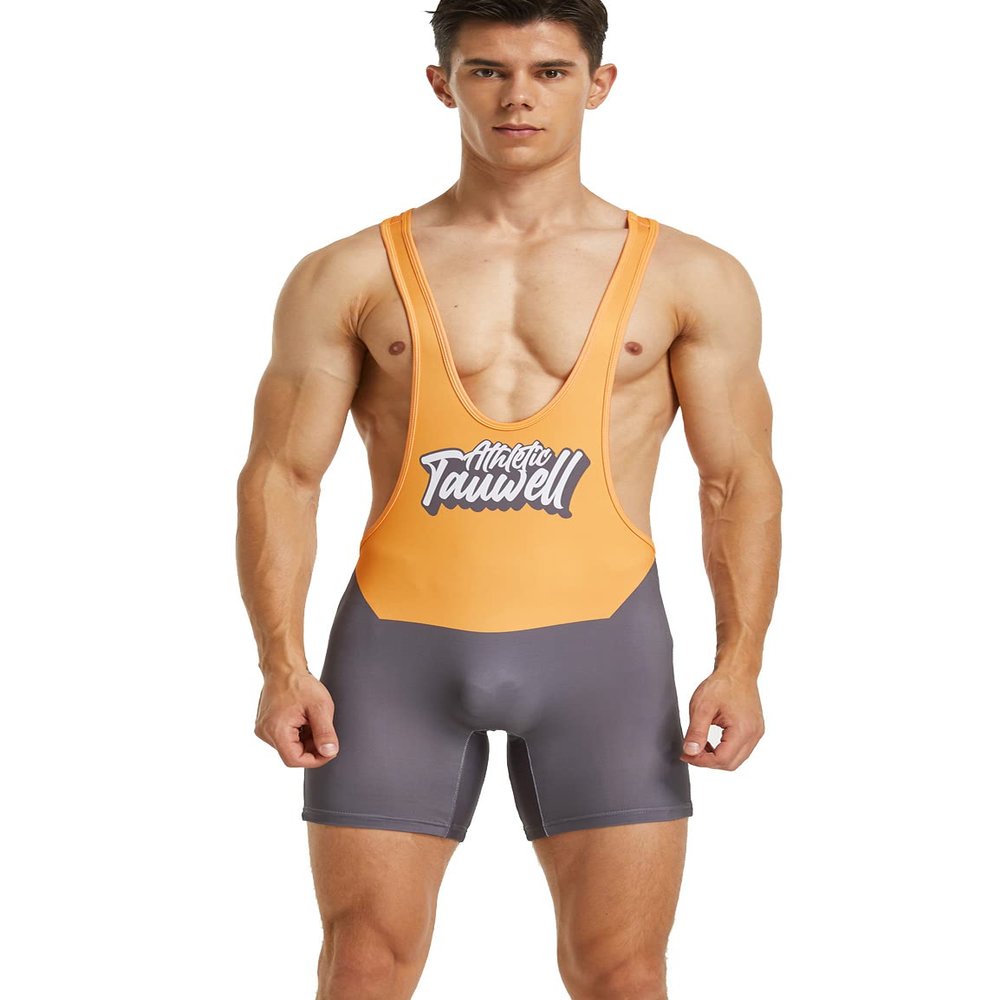 SEOBEAN TAUWELL Mens Sexy Fitness Wrestling Leotard Singlet Bodysuit 9704 (9711 Orange/Grey, Medium)
