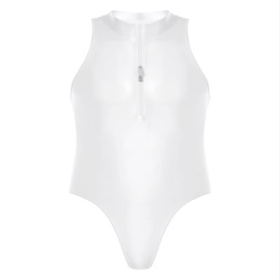 Agoky Men's Glossy Sleeveless High Elastic Leotard Wrestling Singlet Tank Tops Bodysuits Swimwear White One Size