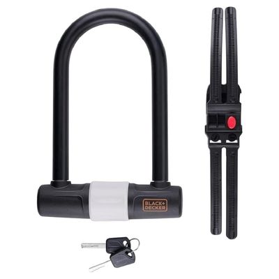 BLACK+DECKER U-lock Bicycle, Motorcycle & Scooter Lock 14mm Diameter 3 Spare Keys Black