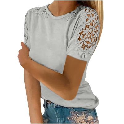 NaRHbrg Womens Sexy T-Shirts Stand Collar Lace Patchwork Shirts Casual Hollow Out Blouse Flower Petal Sleeve Button Tops