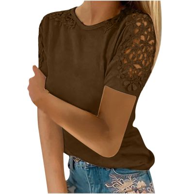 NaRHbrg Womens Sexy T-Shirts Stand Collar Lace Patchwork Shirts Casual Hollow Out Blouse Flower Petal Sleeve Button Tops