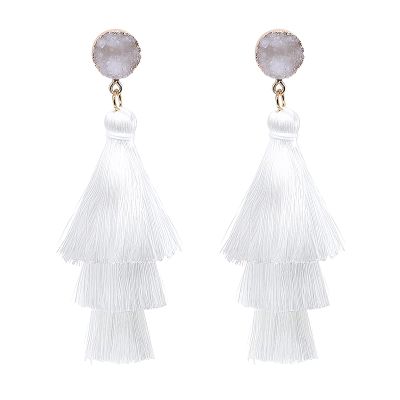 Boho Statement White Tassel Clip On Drop Earrings - Feather Fringe Dangling Earrings for Women - Non Piercing Jewelry for Vacation, Beach, Bride, Bachelorette, Costume, Prom