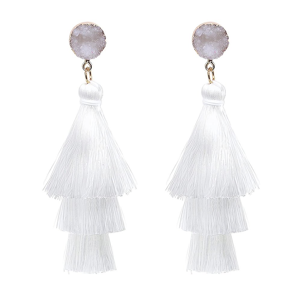 Boho Statement White Tassel Clip On Drop Earrings - Feather Fringe Dangling Earrings for Women - Non Piercing Jewelry for Vacation, Beach, Bride, Bachelorette, Costume, Prom