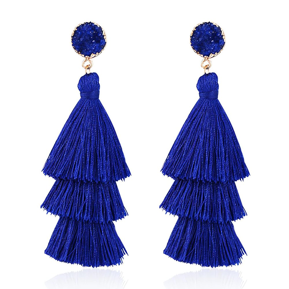 Boho Statement Tassel Clip On Drop Dangling Fringe Vacation Beach Bride Bachelorette Costume Prom Earrings - Non Piercing Jewelry for Women - Blue