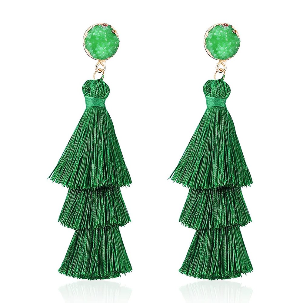 Boho Statement tassel earrings for women Clip On Drop Earrings feather earrings Non Piercing Jewelry for women dangling fringe earrings vacation beach earrings bride earrings bachelorette for women costume prom earrings jewelry-Green