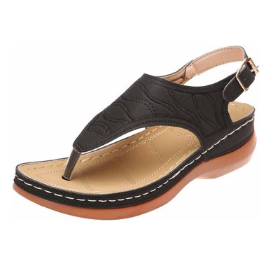 Women's Leather Orthopedic Arch Support Diabetic Walking Sandals, Summer Adjustable Anti-Slip Platforms Orthotic Wedge Sandals, Casual Comfortable Pinch Toe Beach Flip-Flops Slippers. (6, Black)
