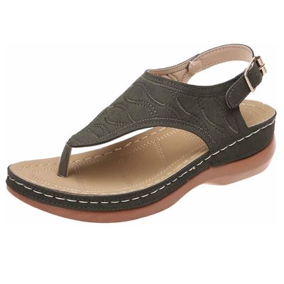 Women's Leather Orthopedic Arch Support Diabetic Walking Sandals, Summer Adjustable Anti-Slip Platforms Orthotic Wedge Sandals, Casual Comfortable Pinch Toe Beach Flip-Flops Slippers. (6, Green)