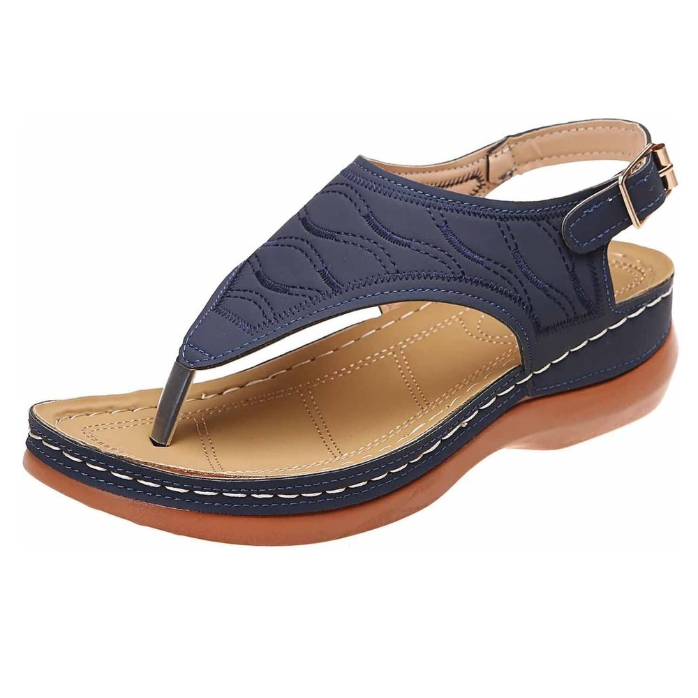 Women's Leather Orthopedic Arch Support Diabetic Walking Sandals, Summer Adjustable Anti-Slip Platforms Orthotic Wedge Sandals, Casual Comfortable Pinch Toe Beach Flip-Flops Slippers. (7.5, Blue)