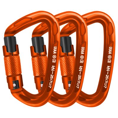 AINIKEY Climbing Carabiner Clips 25kN Auto Locking Carabiner, Professional Heavy Duty Large Locking Carabiner Clips for Rock/Ice Climbing Rappelling Rescue Swing etc, D Shaped, Large SizeOrange-3PCS