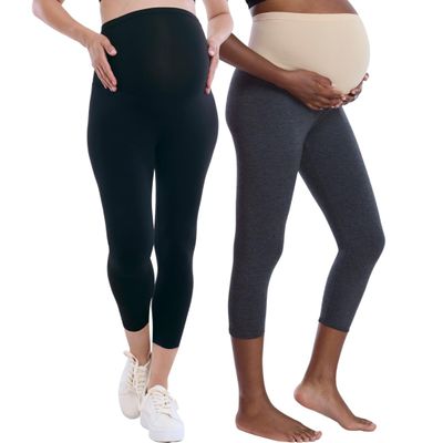 Motherhood Maternity Women's Essential Stretch Secret Fit Over The Belly Pregnancy Crop Capri Legging-2 Pack, Black/Charcoal, Large