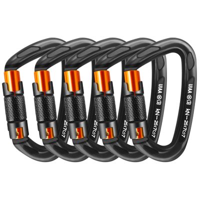 AINIKEY Climbing Carabiner Clips 25kN Auto Locking Carabiner, Professional Heavy Duty Large Locking Carabiner Clips for Rock/Ice Climbing Rappelling Rescue Swing etc, D Shaped, Large SizeBlack-5PCS