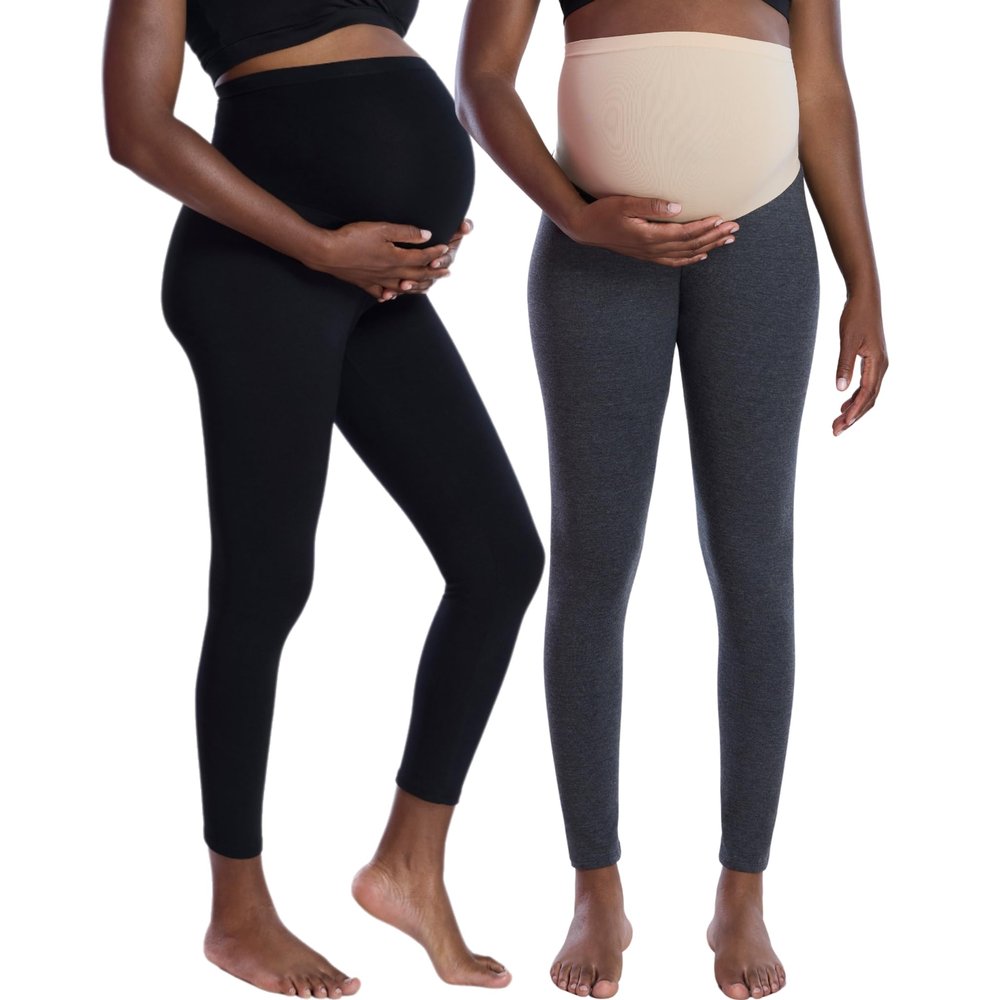 Motherhood Maternity Women's Essential Stretch Full Length Secret Fit Over The Belly Pregnancy Legging-2 Pack, Black/Charcoal, Medium