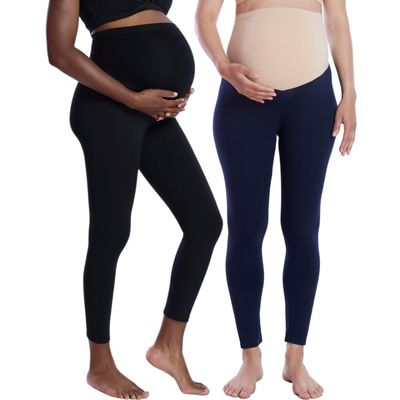 Motherhood Maternity Women's Essential Stretch Full Length Secret Fit Over The Belly Pregnancy Legging-2 Pack, Black/Navy, X-Large