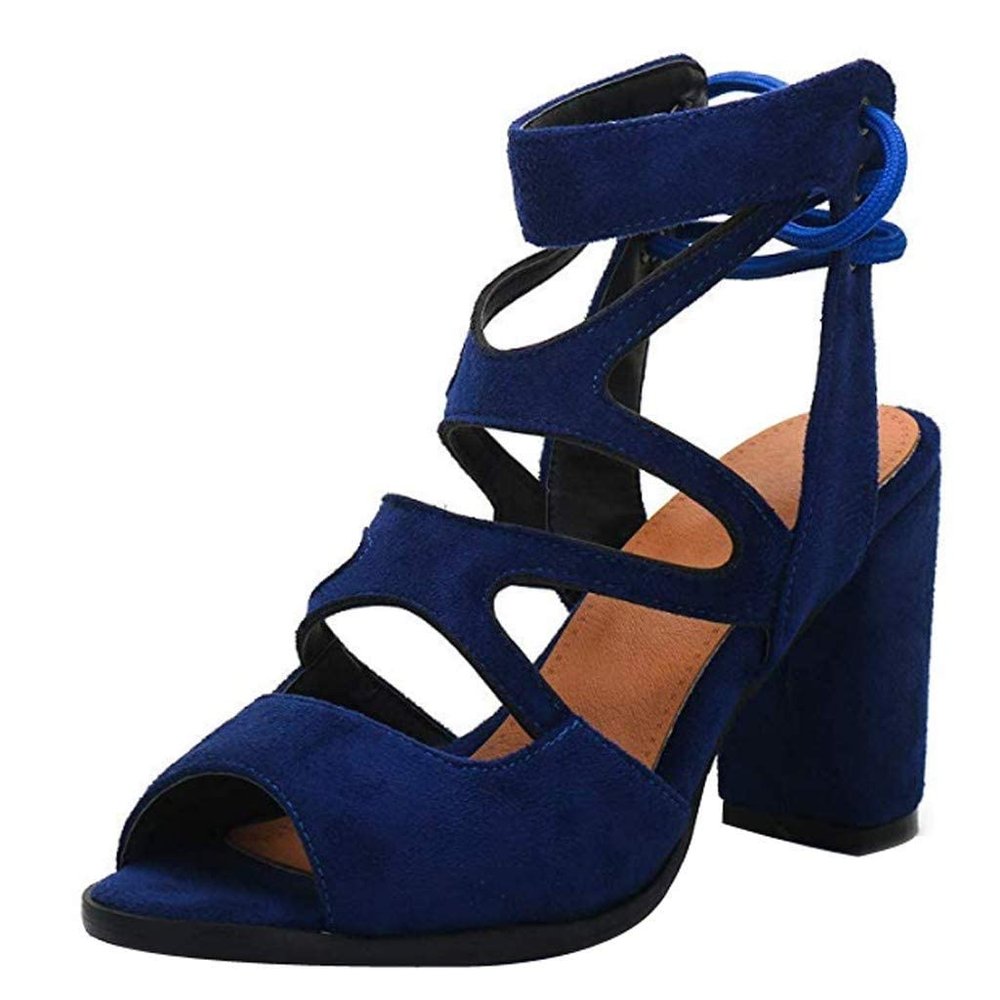 SACFOF Women's Open Toe Sandals Fashion Summer Suede Strappy Chunky High Heel Cutout Dress Shoes Criss Cross Sandals