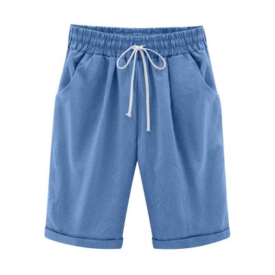 Uillui Women's Casual Comfy Loose Cotton Linen Shorts Elastic Waist Plus Size Casual Beach Shorts Knee Length Bermuda Shorts