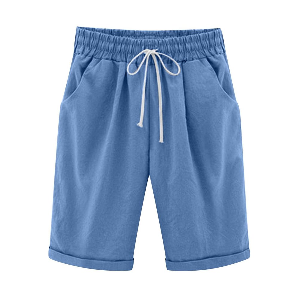 Uillui Women's Casual Comfy Loose Cotton Linen Shorts Elastic Waist Plus Size Casual Beach Shorts Knee Length Bermuda Shorts