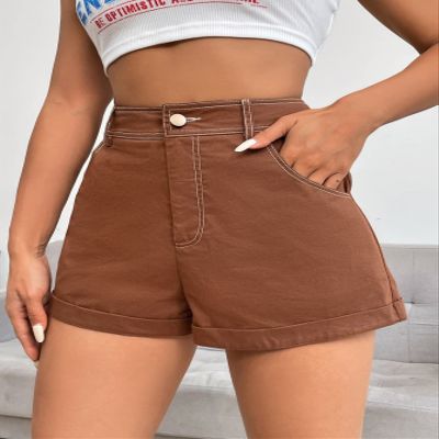 AMDMG Shorts for Women Solid Slant Pocket Rolled Hem Shorts (Color : Brown, Size : X-Small)