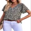 Boho Chiffon Tops for Women Ruffle Short Sleeve Shirts Loose V Neck Blouses Dressy Casual Summer Printed T-Shirt Black Small view 2