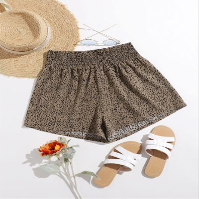 AMDMG Shorts for Women Shirred Waist Dalmatian Shorts (Color : Coffee Brown, Size : Small)