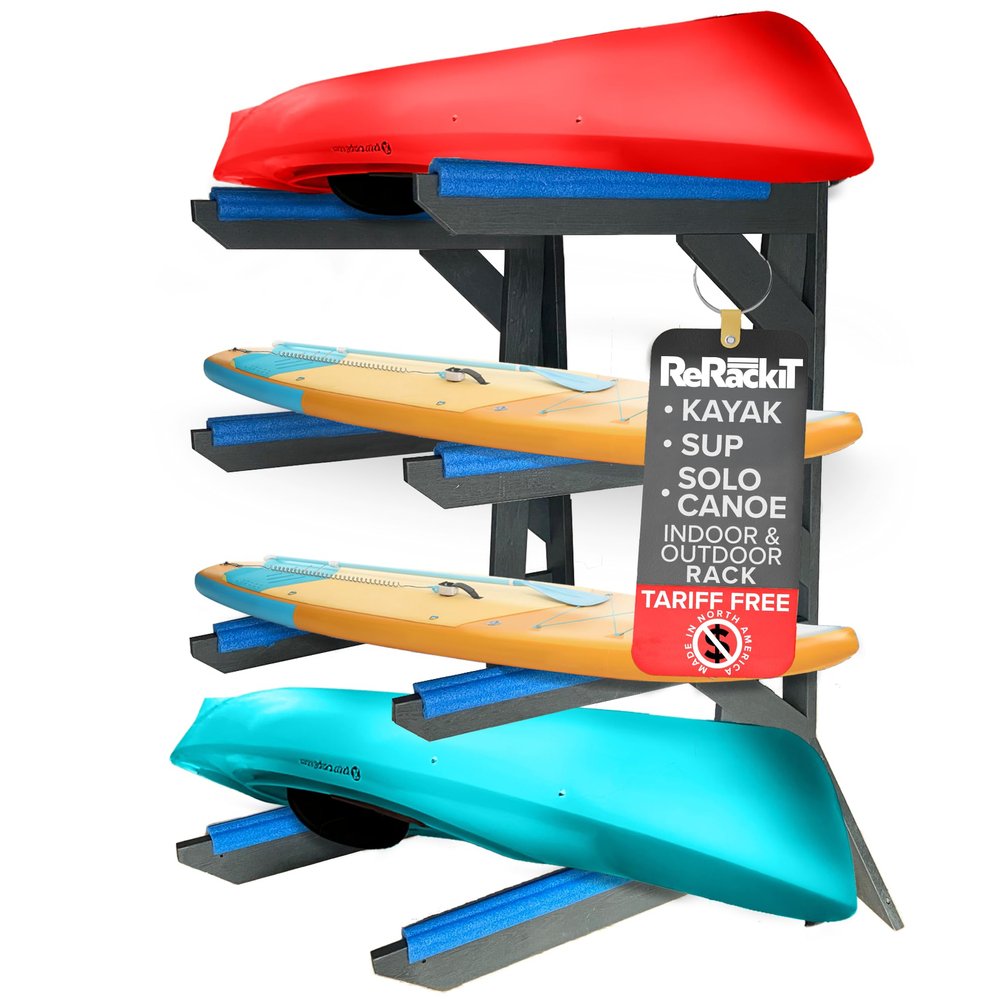 ReRackiT - Poly Kayak Storage Rack Freestanding Kayak Racks For Outdoor Storage, Garage Or Indoors - Heavy Duty Holder For Kayaks - Stand For SUP - Canoe Rack (4 Level (Holds 4 Crafts))
