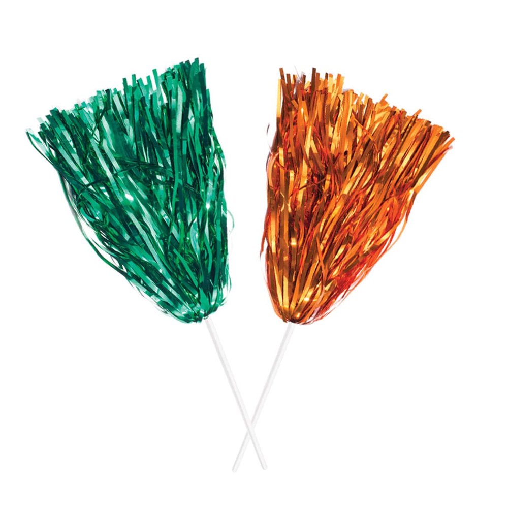 Anderson's Premium Metallic Green and Orange Foil School Spirit Shakers Cheerleader Pom Poms Sports Football Basketball Homecoming Squad Team Party Dance Club Performance Celebration Pack of 6
