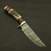 Damascus Steel Hunting- Skinning Knife with Stag Antler Handle With Leather Sheath for EDC, Camping, Hiking view 2