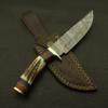 Damascus Steel Hunting- Skinning Knife with Stag Antler Handle With Leather Sheath for EDC, Camping, Hiking view 4
