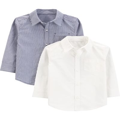 Simple Joys by Carter's Boys' Long-Sleeve Woven Shirt, Pack of 2, Navy Stripe/White, 4