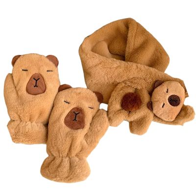 Unisex Animal Plush Scarf And Mittens Set For Winter Outfits Outdoor Activity Handwear Plush Gloves Popular Accessory