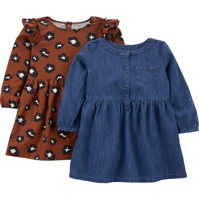 Simple Joys by Carter's Girls' 2-Pack Long-Sleeve Dress Set, Brown Cheetah/Dark Denim, 5