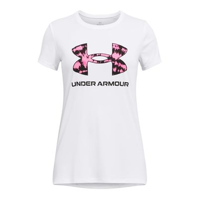 Under Armour Girls' Tech Big Logo Short Sleeve Crew Neck, (103) White/Black/Rebel Pink, Small